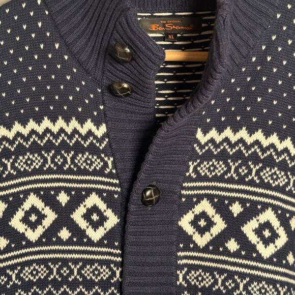 Ben Sherman Navy White Fair Isle Wool & Cotton Leather Button Cardigan Men’s L - Picture 5 of 14